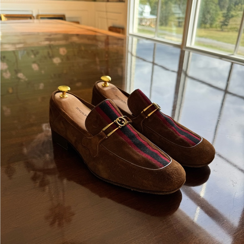Brown suede Gucci loafers size 10.5